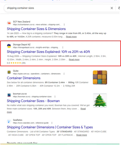 Search Console performance screenshot for Storage Depot NZ