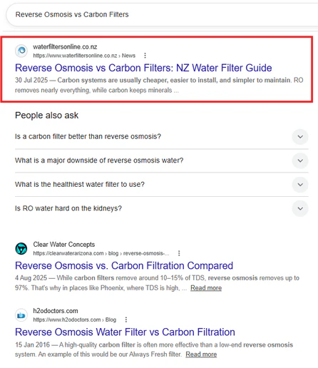 Google search results showing Waterfilters Online ranking first
